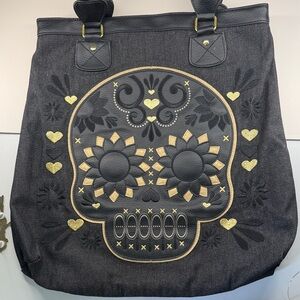 Loungefly Black and Gold Skull Tote Bag